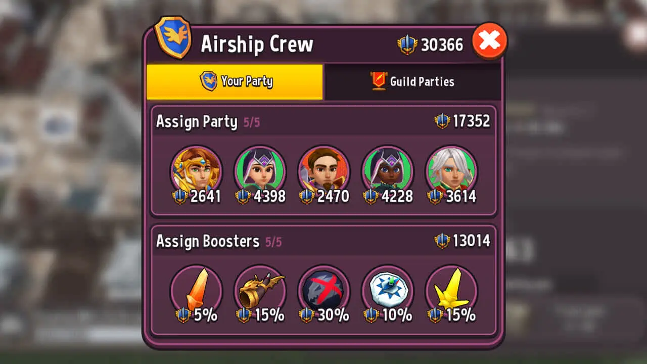 The menu for your Airship Crew and Guild Parties.