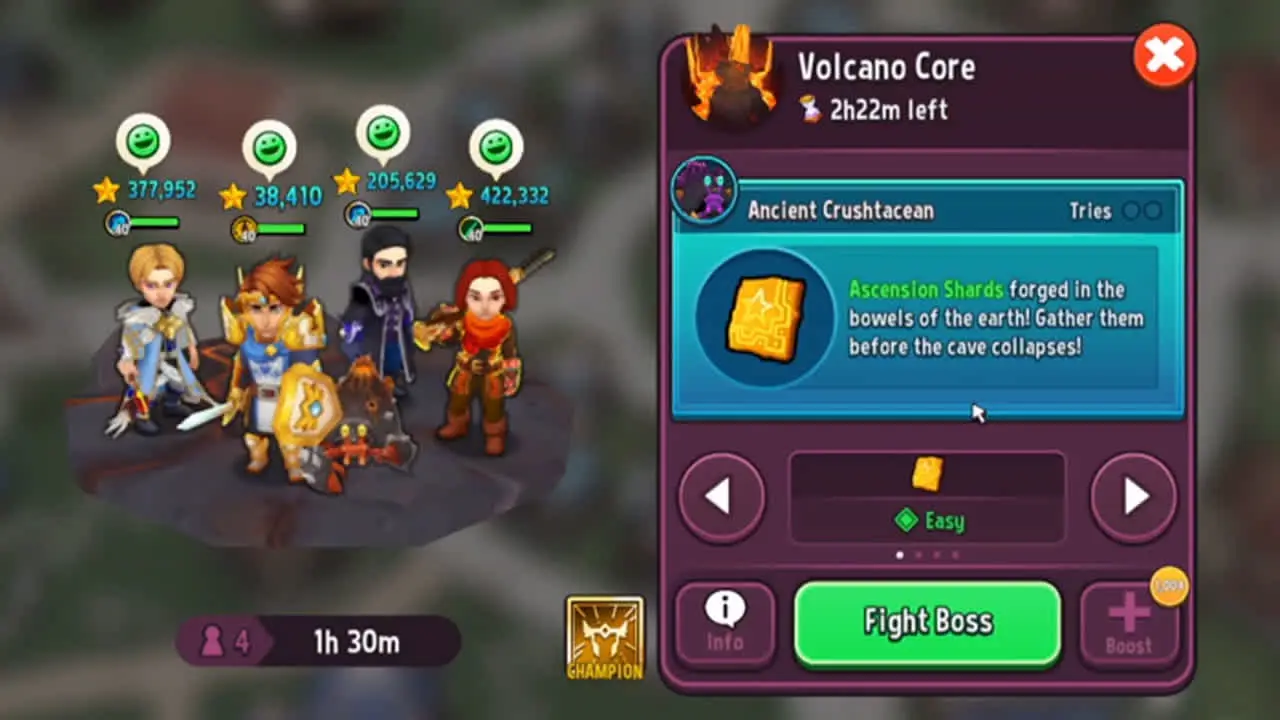 A preview of the Quest Setup menu for the Volcano Core (Ancient Crushtacean) Flash Quest.